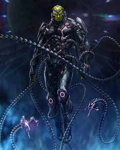 a man with chains around his body and head is standing in front of an alien like creature