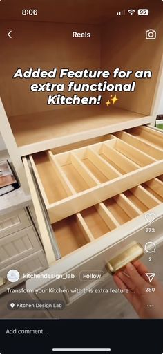 the app is open to reveal an extra functional kitchen cabinet with drawers and pull out trays