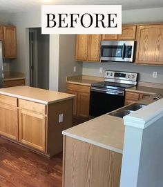 an empty kitchen is shown with the words before and after overlaying the image