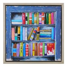 a painting of books on a blue shelf