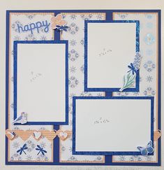 a blue and white scrapbook with three pictures