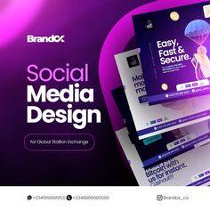 the social media design website is displayed on three different screens, with purple and white colors