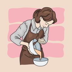 a woman in an apron is pouring something into a bowl with a cloth on it