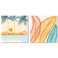 two paintings with palm trees and the sun on them, one is orange and blue