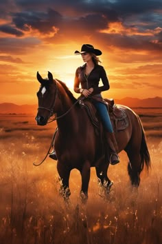 a woman riding on the back of a brown horse in a grassy field at sunset