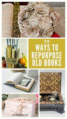 there are many old books that have been made into decorative items for the home or office