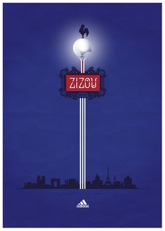 the poster for zizou is displayed in front of a city skyline at night