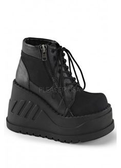 Demonia Stomp 10 Wedge Boot, £89.99 Womens Black Ankle Boots, Demonia Boots, Alternative Shoes, Demonia Shoes, Perfect Sneakers, Vegan Leather Boots, Vegan Boots, Lace Up Wedges, Platform Ankle Boots