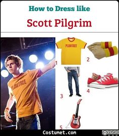 a man in yellow shirt and red shoes with text overlay that says how to dress like scott pilgrim