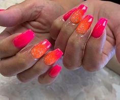 Bright Ombré Nails, Orange Easter Nails, Orange And Pink Ombre Nails, Bright Ombre Nails Summer, Fluro Orange Nails, Neon Orange Nail Ideas, Bright Pink And Orange Nails, Neon Orange And Neon Pink Nails