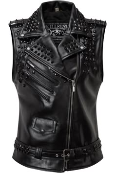 Doom Leather Vest [FAUX LEATHER] | Killstar Leather Biker Vest, Black Studs, Alt Clothes, Faux Leather Vest, Biker Vest, Studded Jacket, Jacket Vest, Punk Outfits, Black On Black