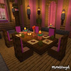 the dining room is decorated in pink and purple