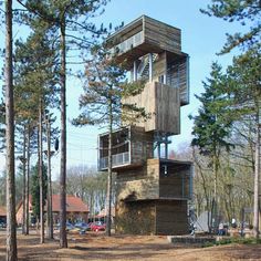 a tall wooden tower sitting in the middle of a forest