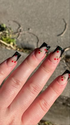 Black French Tips With Cherries, Black French Tip Cherry Nails, Black And Cherry Nails, Black Nails With Cherries, Cherry Nails Black, Black Cherry Nails Design, Black Cherry Nails Acrylic, Cherry Inspired Nails, Cherry French Tip Nails