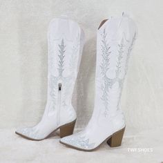 Rodeo Flash By Berness Shoes Faux Leather Upper Embroidered Designed Filled With Sparkling Rhinestones Knee High Height(Approx 14.5" Shaft) 3.5" (Approx) Tapered Block Heels Top Opening 14" (Approx) On Size 6 Will Go Up As Sizes Do. Inner Half Zipper Amazing Quality Boot From Berness Runs Tts Knee High Cowgirl Boots White, White Sparkly Cowgirl Boots, White Wedding Boots For Bride, Bridal Boots Cowboy, Sparkly Cowgirl Boots, White Wedding Boots, Sparkly Cowgirl, Knee High Cowgirl Boots, High Cowgirl Boots