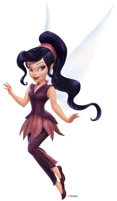 a cartoon fairy with long black hair and purple dress