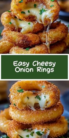 cheese onion rings stacked on top of each other with the words easy cheesy onion rings