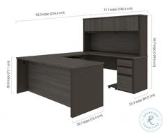 an office desk with two drawers and a file cabinet in the middle, measurements for each drawer