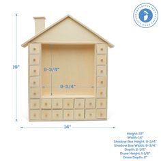 a wooden toy house with drawers and measurements