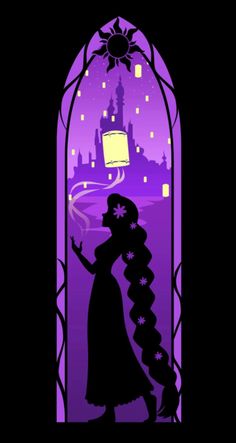 the silhouette of a woman with long hair standing in front of a stained glass window