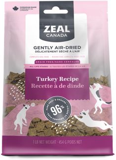 an open bag of treaty air dried turkey recipe dog treats on a white background