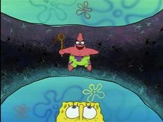 spongebob and patrick in the middle of an ocean scene with stars on it