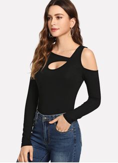 Asymmetrical Arm Cut Out Solid Tee – Ofelya Boutique 2018 Fashion, Online Tops, Knitted Tshirt, S Models, Long Sleeve Pullover, Long Sleeve Tee, Women Long Sleeve, Cold Shoulder, Rib Knit