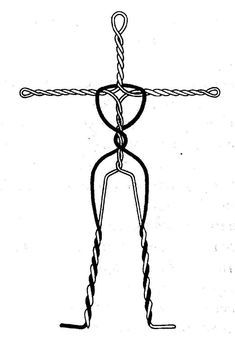 a drawing of a man holding a rope with both hands and feet, standing in the air