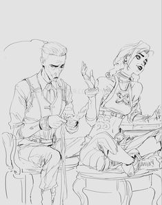 a drawing of two people sitting at a table with one person holding his hand up