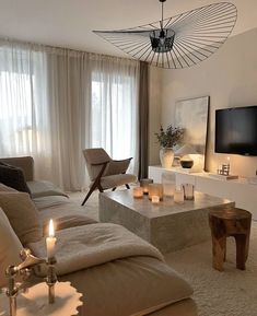 a living room filled with furniture and a flat screen tv on top of a wall