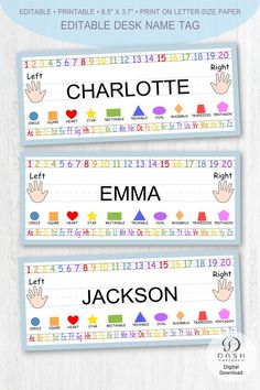 two personalized name tags for children's handprints, each with different shapes and sizes