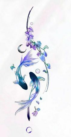 an artistic image of two fish with flowers and bubbles in the water on a white background