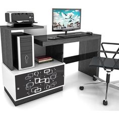 a computer desk with a monitor and printer on it