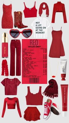 the contents of a red outfit and accessories