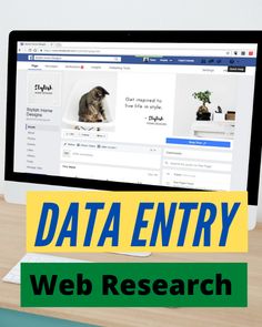 a computer monitor sitting on top of a desk next to a keyboard and mouse with the words data entry web research