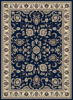 a blue rug with an ornate design on the bottom and beige trimming around it