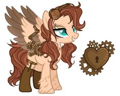 a little pony that is next to a heart with gears in the shape of a key