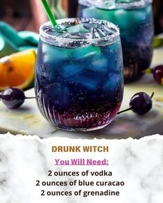 two glasses filled with blue and purple liquid next to fruit on the table, text reads drunk witch you will need 2 ounces of vodka 2 ounces of blue curac