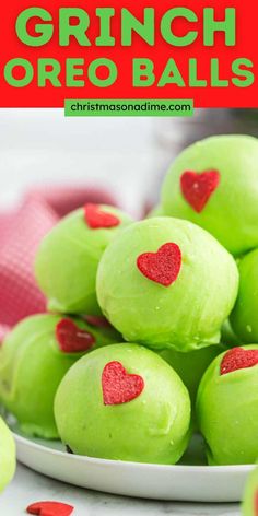 Grinch Oreo Balls is a fun no bake dessert that is made with simple ingredients. The best dessert to bring to all your holiday parties. These Easy Ingredient Grinch Christmas Truffles are so fun to make for the holiday season. We love making Grinch themed desserts. The fun bright green color with the special red heart sprinkle always is a family favorite. #christmasonadime #grinchoreoballs #grinchthemeddessert Grinch Truffles, Oreo Recipes Easy, Easy Holiday Desserts Christmas, Oreo Balls Recipe, Holiday Desserts Christmas, Christmas Truffles, Easy Holiday Desserts, The Best Dessert, Oreo Balls