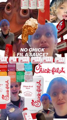 a collage of photos with food and people in the background, including an advertisement for chicken - fi sauce