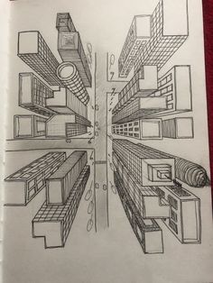 a pencil drawing of a city with lots of tall buildings on each side and an arrow in the middle