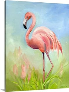 a painting of a pink flamingo standing in the grass