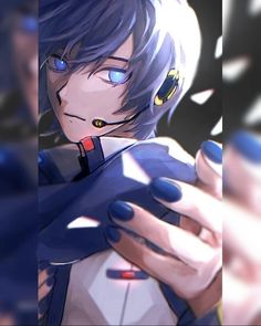 an anime character with blue hair and yellow eyes holding a cell phone in her hand