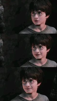 three pictures of harry potter with glasses