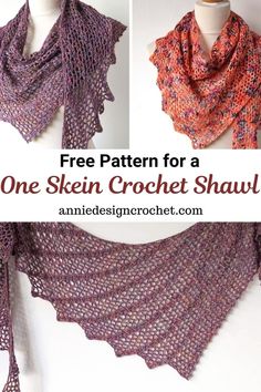 three different pictures of the same shawl with text that reads free pattern for a one - skein crochet shawl