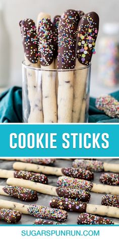 These cute cookie sticks are a fun twist on cookies! Make them for the holidays by dipping in chocolate and covering with festive sprinkles! Brownie Treat Ideas, Chocolate Dipped Chocolate Chip Cookies, Chocolate Chip Cookie Sticks, Turbinado Sugar Recipes, Crunchy Desserts, Cookie Sticks Recipe, Sugar Cookie Sticks, Dipped Chocolate Chip Cookies, Cookie Dippers