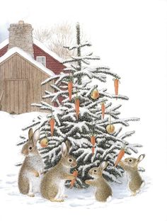 a group of rabbits standing in front of a christmas tree with carrots on it