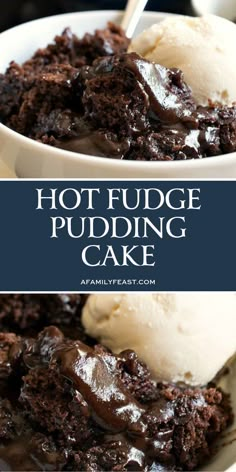 hot fudge pudding cake in a bowl with ice cream and chocolate sauce on top