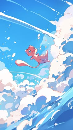 a cartoon character floating in the air on top of a surfboard with clouds and water behind him