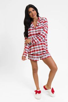 Under The Stars in Christmas Plaid Long Sleeve Bamboo Pajama top – Pink Lily Cocktail Dress Wedding Guest, Holiday Party Fashion, Thanksgiving Fashion, Best Sleep, Bamboo Pajamas, Red Romper, Christmas Plaid, Pink Rompers, Bamboo Fiber